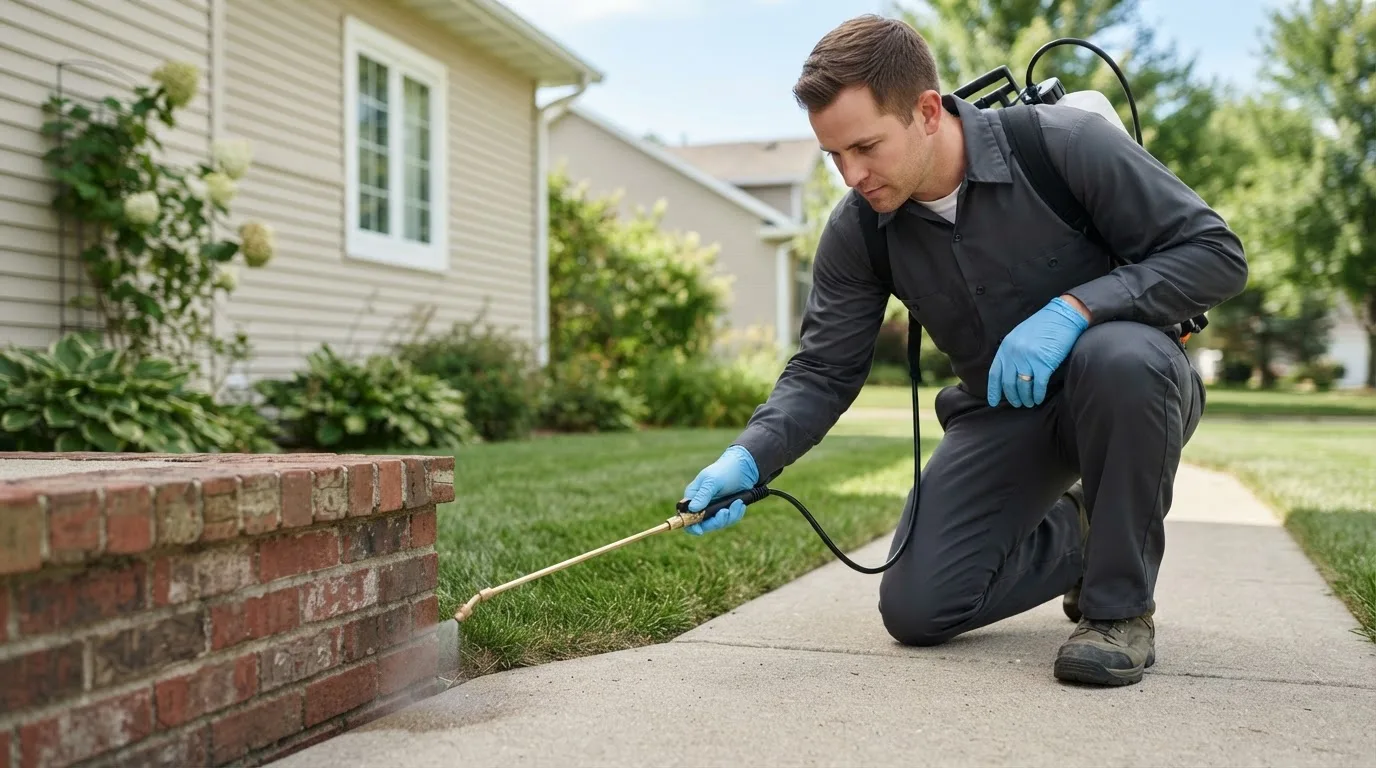 Pest control technician treating a home near Peel, AR