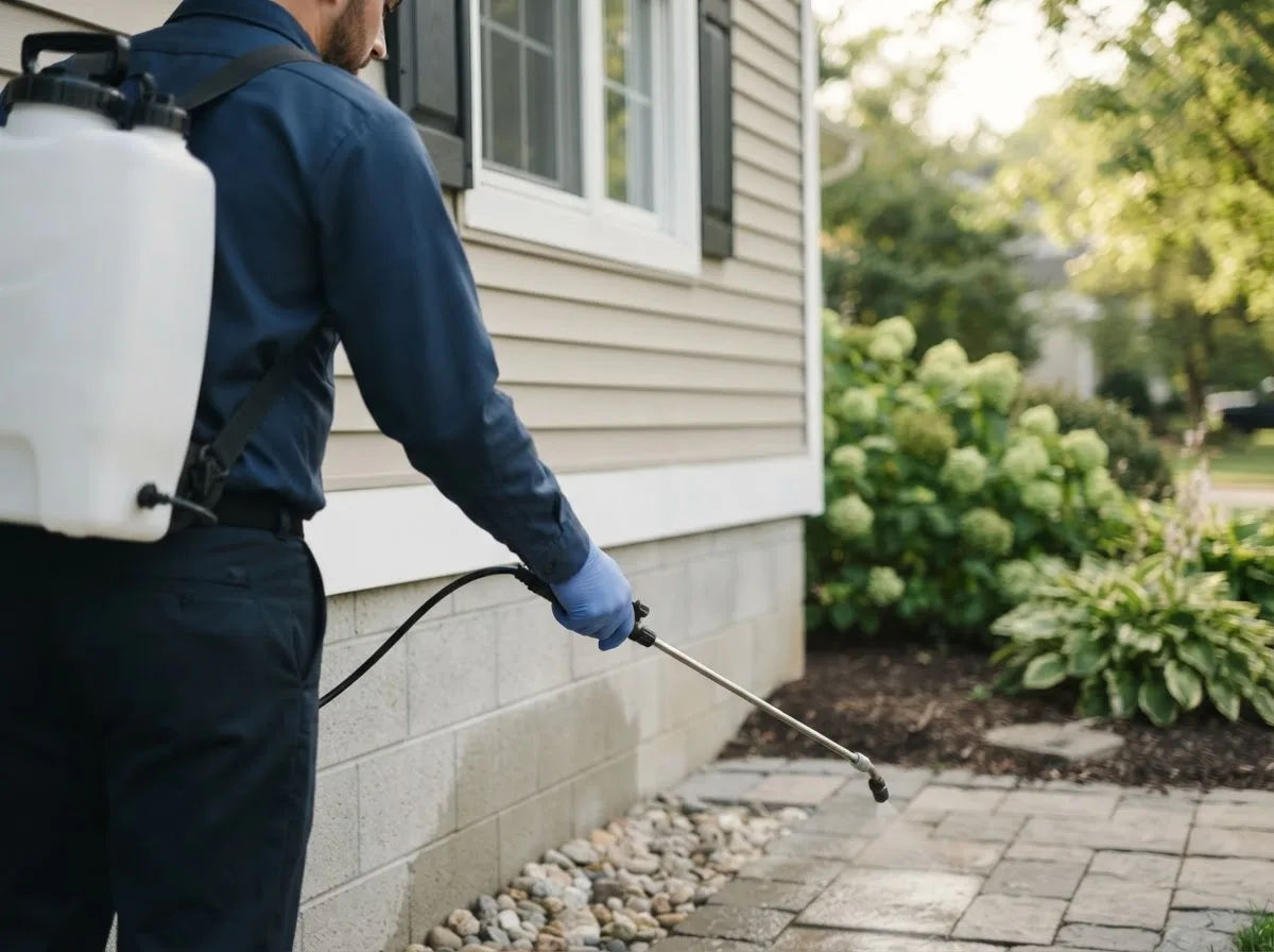 Pest control technician inspecting a home in Peel, AR